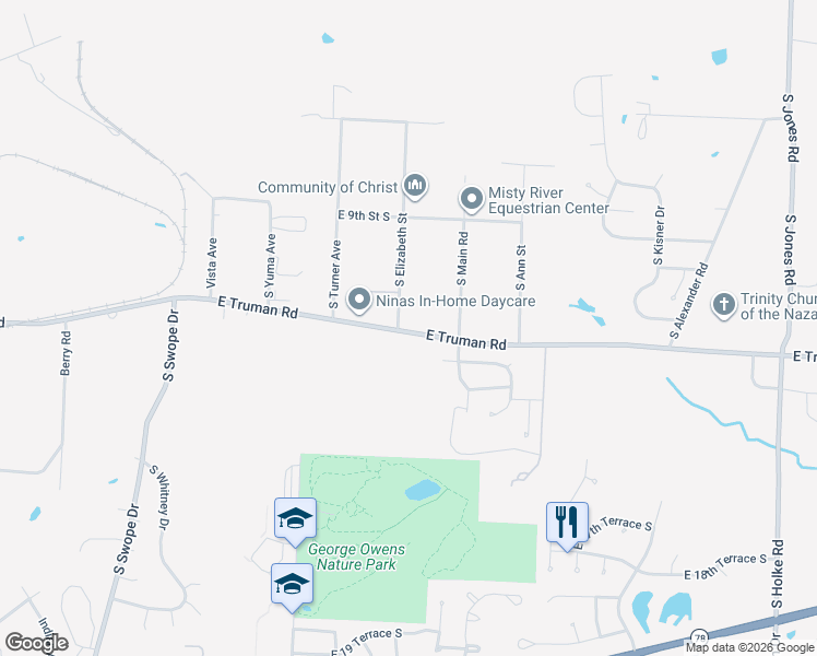 map of restaurants, bars, coffee shops, grocery stores, and more near 18707 East Truman Road in Independence