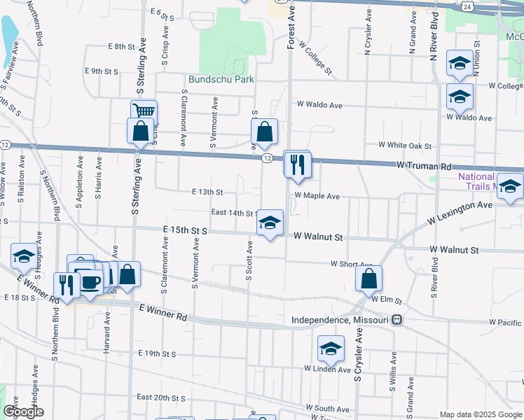 map of restaurants, bars, coffee shops, grocery stores, and more near 11513 East 14th Street South in Independence