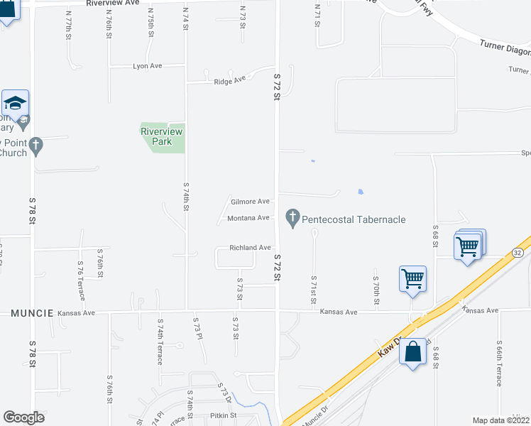 map of restaurants, bars, coffee shops, grocery stores, and more near 344 South 72 Street in Kansas City