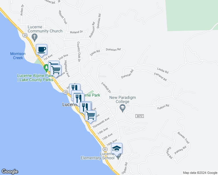 map of restaurants, bars, coffee shops, grocery stores, and more near 4010 Foothill Drive in Lucerne