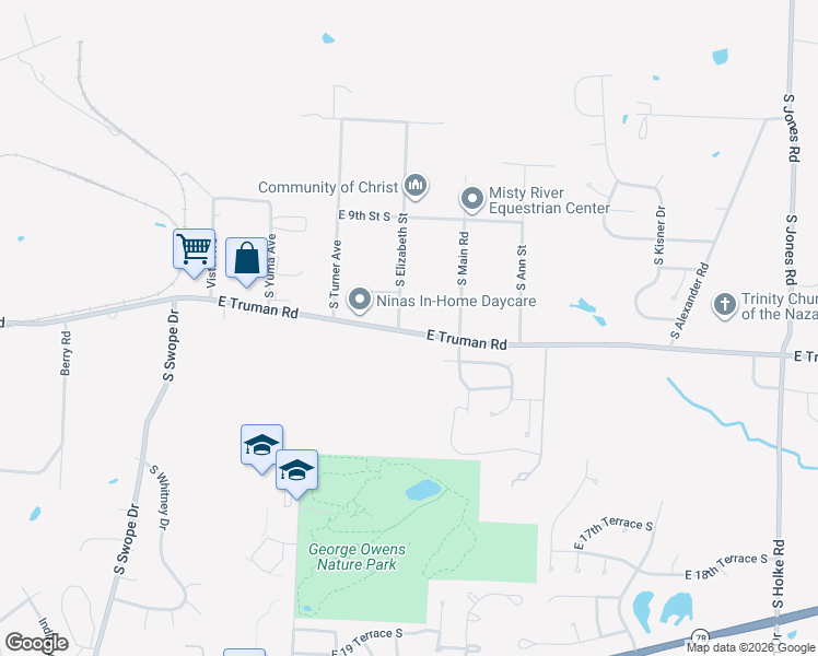 map of restaurants, bars, coffee shops, grocery stores, and more near 18707 East Truman Road in Independence