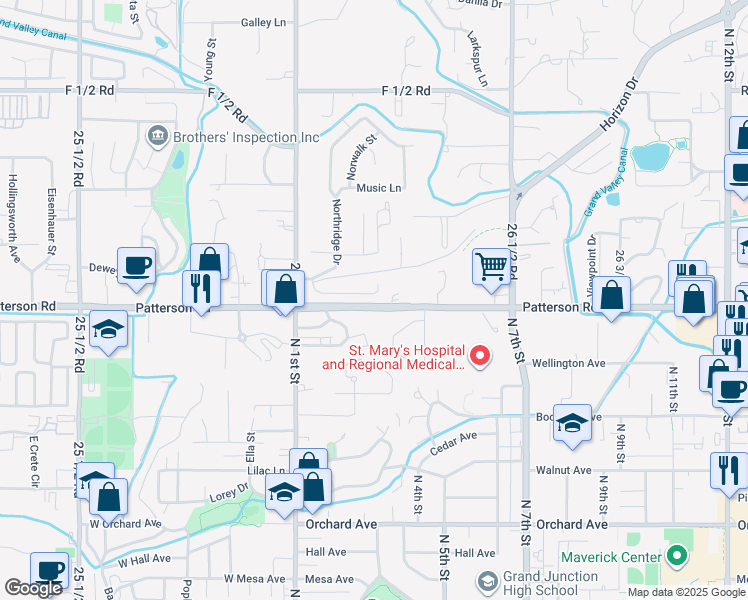 map of restaurants, bars, coffee shops, grocery stores, and more near 221 Willowbrook Road in Grand Junction