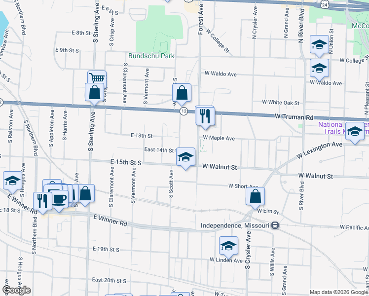 map of restaurants, bars, coffee shops, grocery stores, and more near 1319 South Cunningham Avenue in Independence