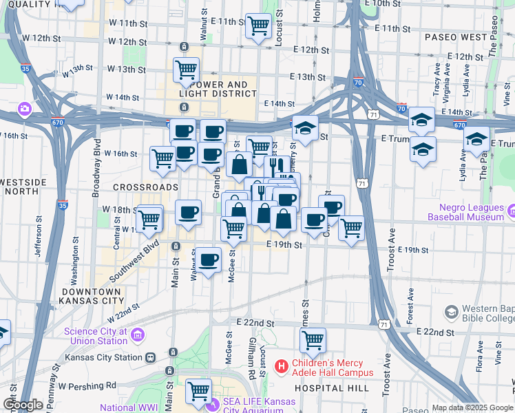 map of restaurants, bars, coffee shops, grocery stores, and more near 419 East 18th Street in Kansas City