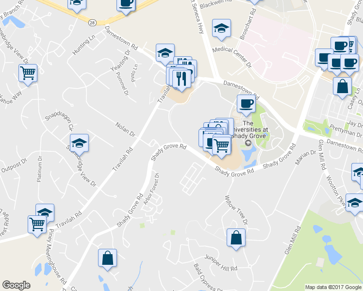 map of restaurants, bars, coffee shops, grocery stores, and more near 9745 Traville Gateway Dr in Rockville
