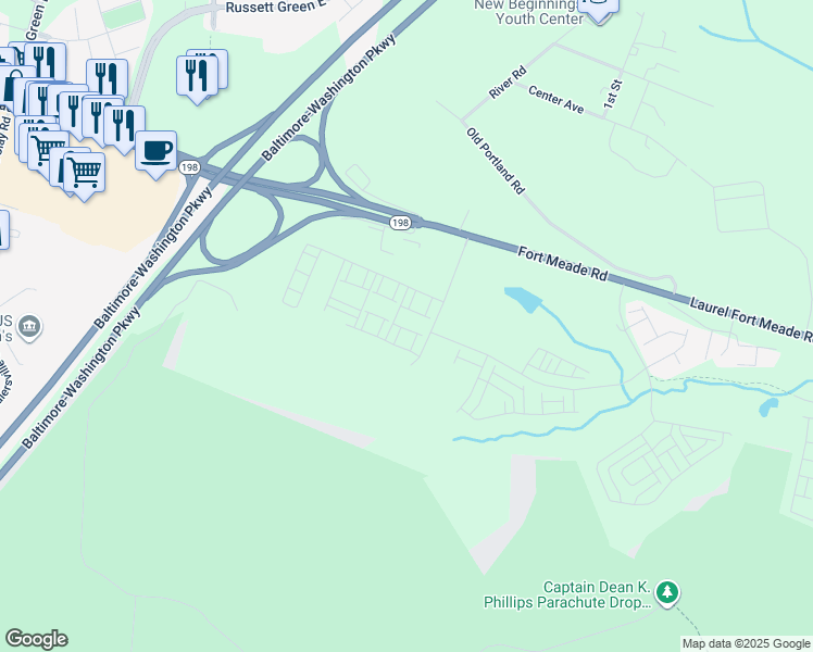 map of restaurants, bars, coffee shops, grocery stores, and more near 420 Planetree Lane in Laurel