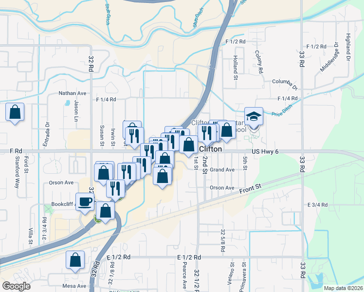 map of restaurants, bars, coffee shops, grocery stores, and more near 3247 F Rd in Clifton