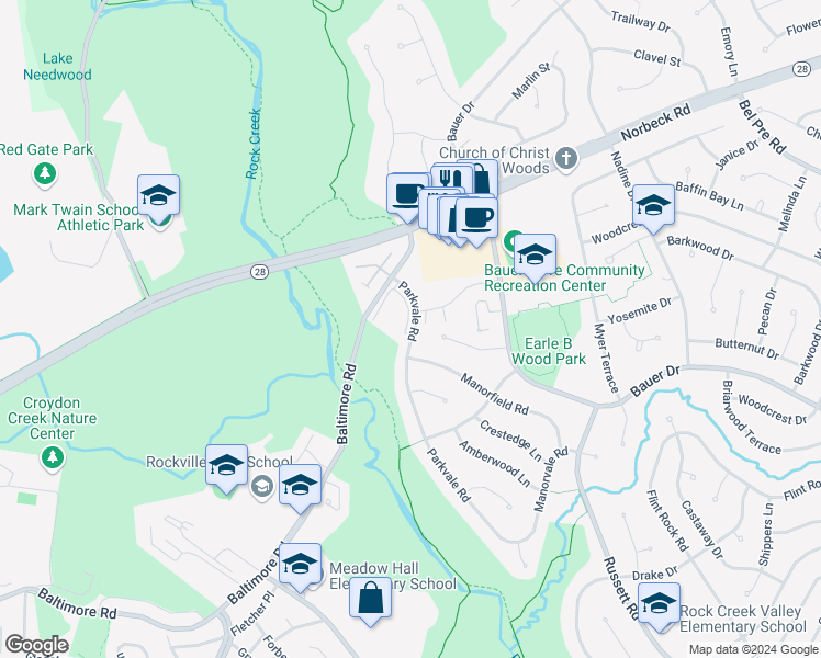 map of restaurants, bars, coffee shops, grocery stores, and more near 14414 Parkvale Road in Rockville