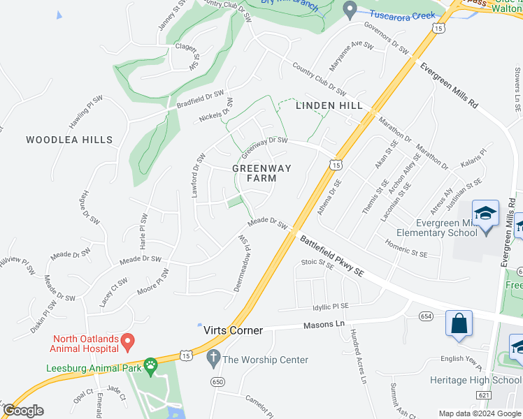 map of restaurants, bars, coffee shops, grocery stores, and more near 240 Connery Terrace Southwest in Leesburg