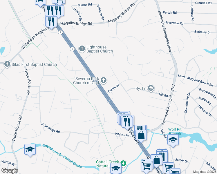 map of restaurants, bars, coffee shops, grocery stores, and more near 237 Ritchie Hwy in Severna Park