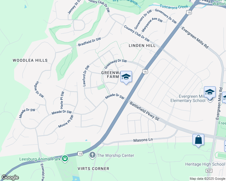 map of restaurants, bars, coffee shops, grocery stores, and more near 240 Connery Terrace Southwest in Leesburg