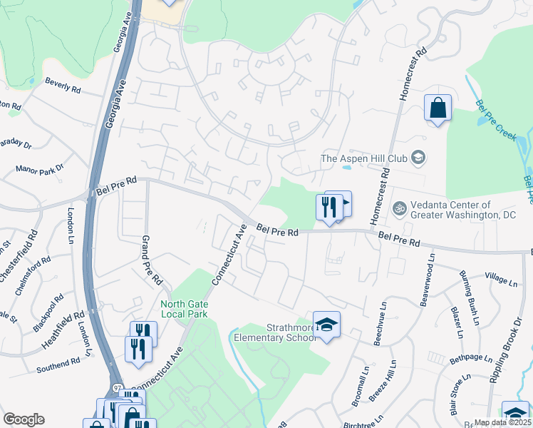 map of restaurants, bars, coffee shops, grocery stores, and more near 14401 Connecticut Avenue in Silver Spring