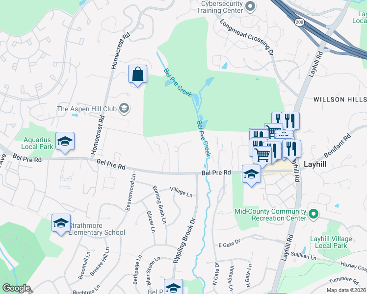 map of restaurants, bars, coffee shops, grocery stores, and more near 14415 Big Bear Court in Silver Spring