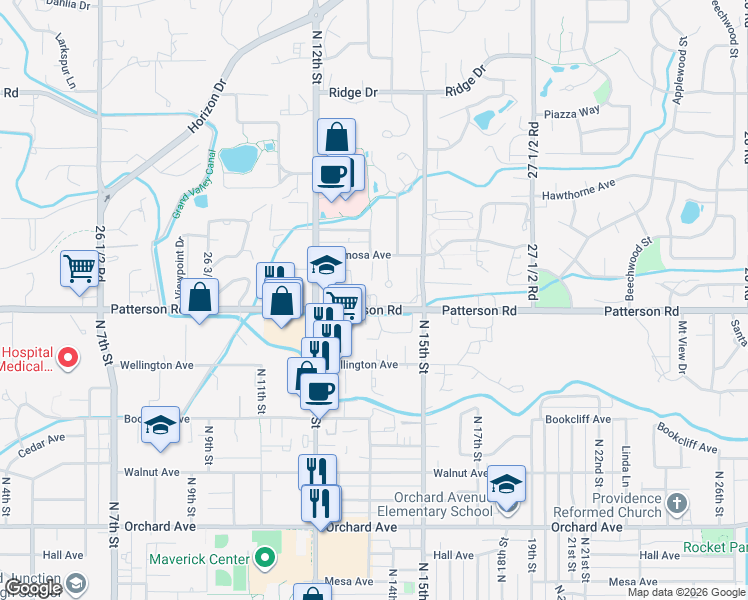 map of restaurants, bars, coffee shops, grocery stores, and more near 2715 Patterson Road in Grand Junction