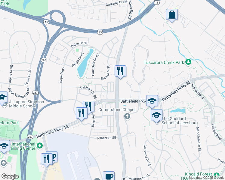 map of restaurants, bars, coffee shops, grocery stores, and more near 197 Great Laurel Square Southeast in Leesburg
