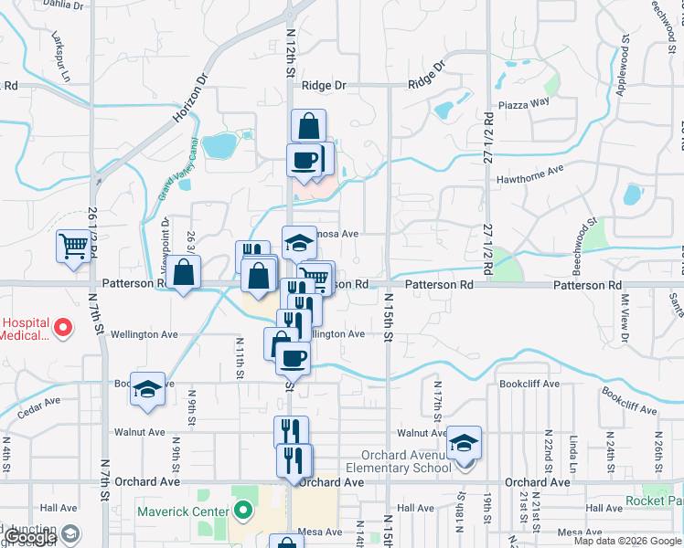 map of restaurants, bars, coffee shops, grocery stores, and more near 2715 Patterson Road in Grand Junction