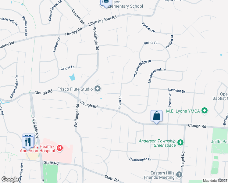 map of restaurants, bars, coffee shops, grocery stores, and more near 2115 Bruns Lane in Cincinnati
