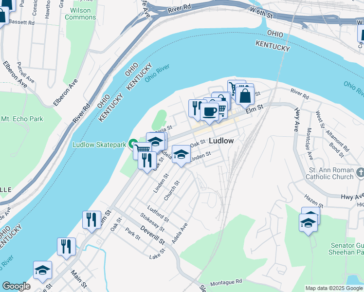 map of restaurants, bars, coffee shops, grocery stores, and more near 8 Cedar Alley in Ludlow