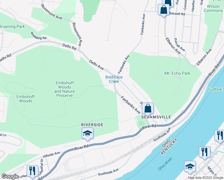 map of restaurants, bars, coffee shops, grocery stores, and more near 241 Fairbanks Avenue in Cincinnati