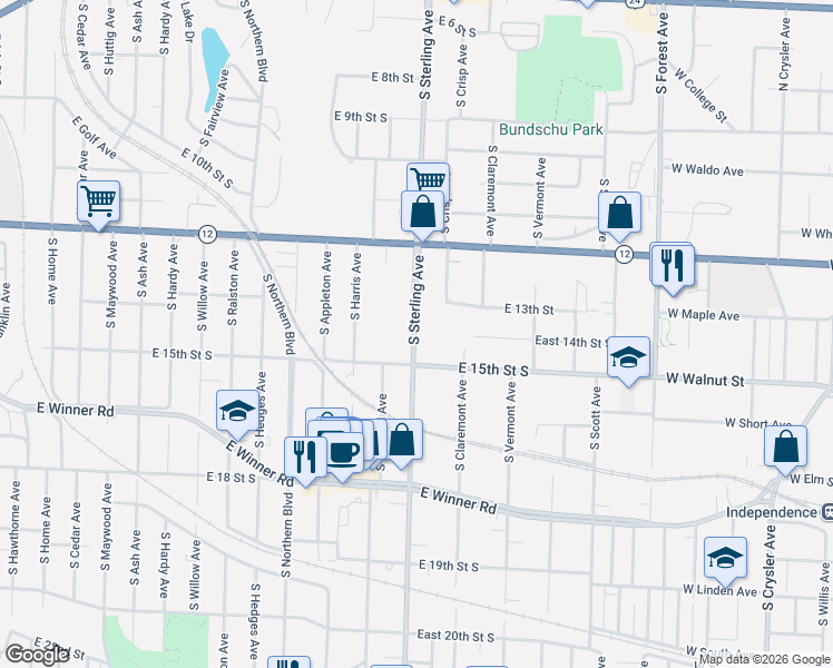 map of restaurants, bars, coffee shops, grocery stores, and more near 1434 South Sterling Avenue in Independence