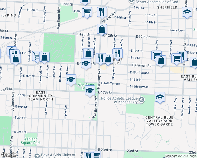 map of restaurants, bars, coffee shops, grocery stores, and more near 1633 Hardesty Avenue in Kansas City
