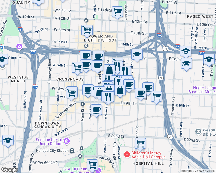 map of restaurants, bars, coffee shops, grocery stores, and more near 1827 Walnut Street in Kansas City