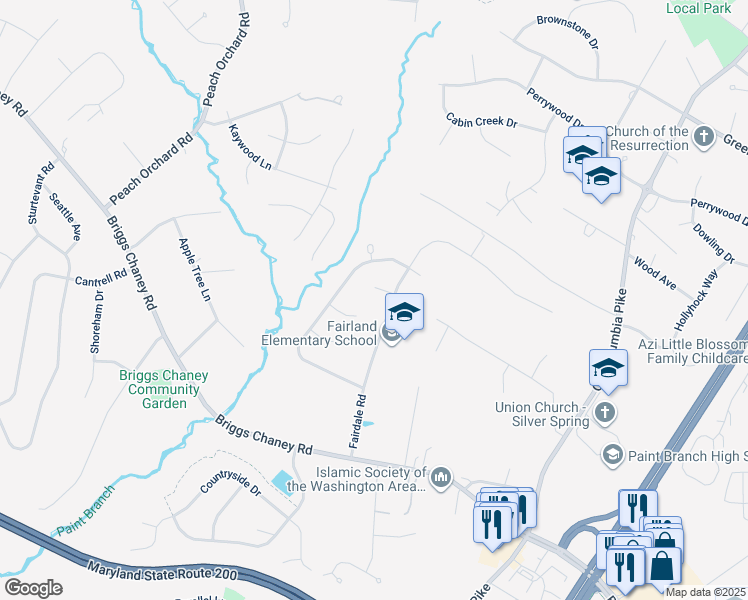map of restaurants, bars, coffee shops, grocery stores, and more near 9 Fairdale Court in Silver Spring