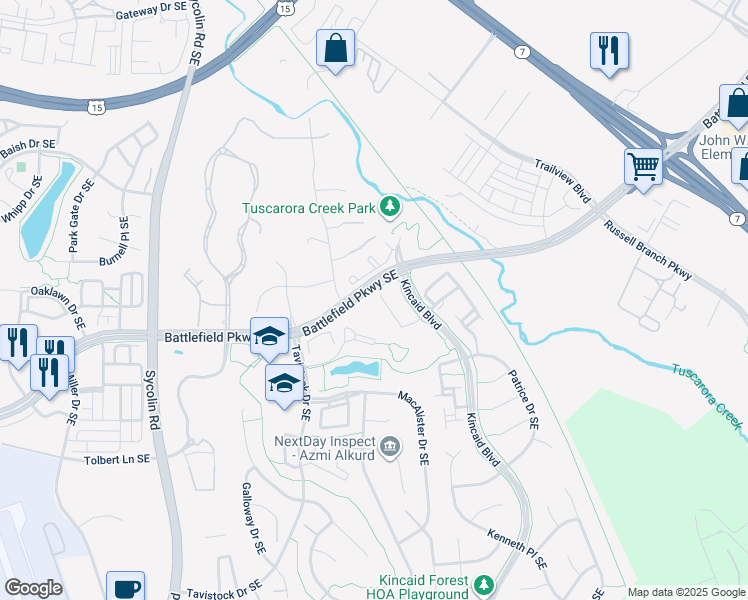 map of restaurants, bars, coffee shops, grocery stores, and more near 347 Caldwell Terrace Southeast in Leesburg