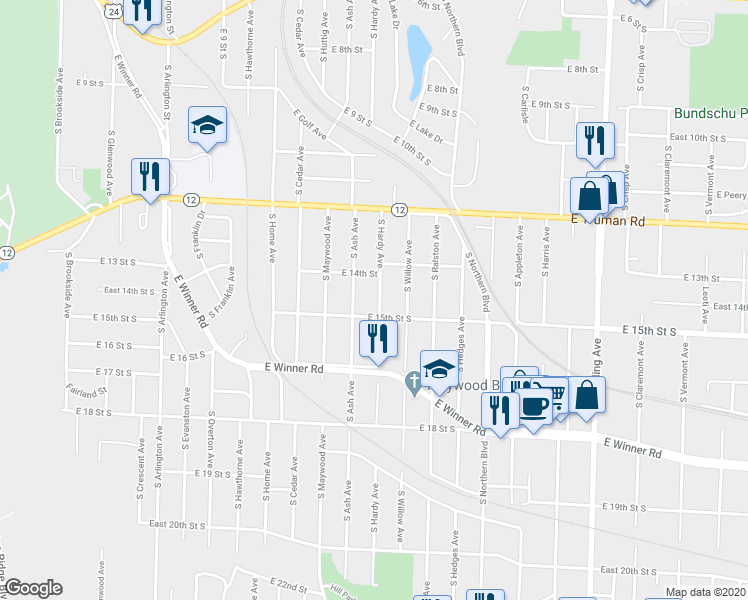 map of restaurants, bars, coffee shops, grocery stores, and more near 1428 South Hardy Avenue in Independence