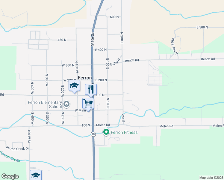 map of restaurants, bars, coffee shops, grocery stores, and more near 140 East Mill Road in Ferron