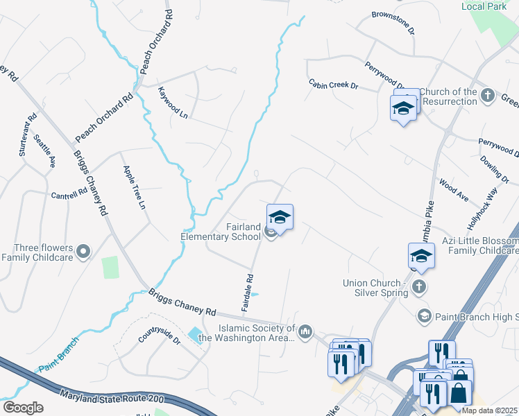 map of restaurants, bars, coffee shops, grocery stores, and more near 9 Fairdale Court in Silver Spring