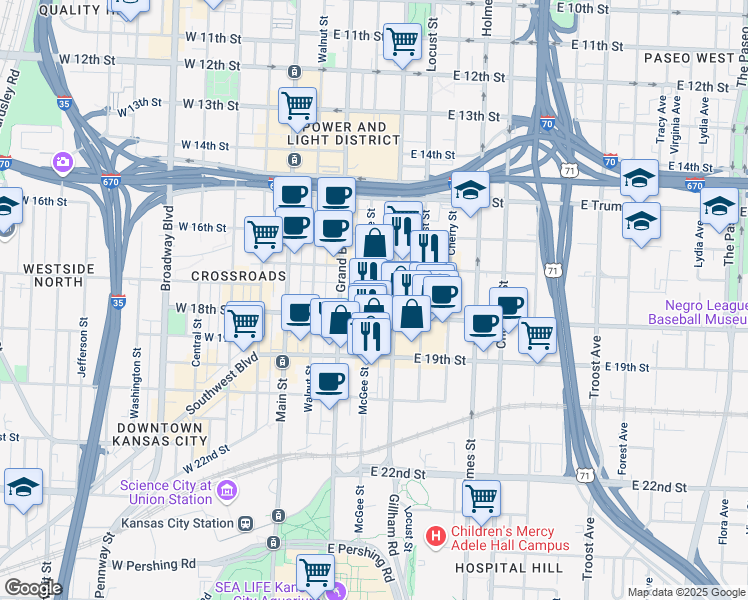 map of restaurants, bars, coffee shops, grocery stores, and more near 1827 Walnut Street in Kansas City