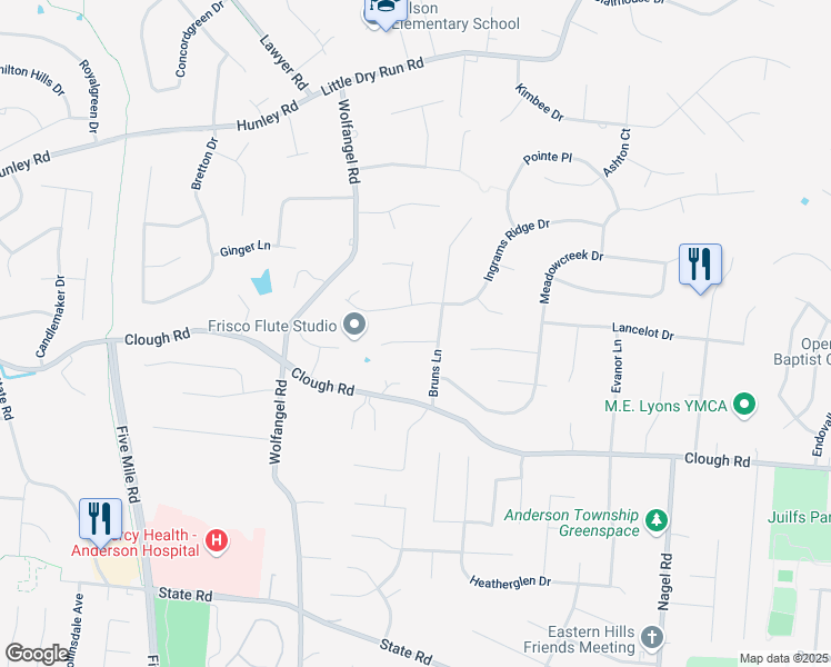 map of restaurants, bars, coffee shops, grocery stores, and more near 2115 Bruns Lane in Cincinnati