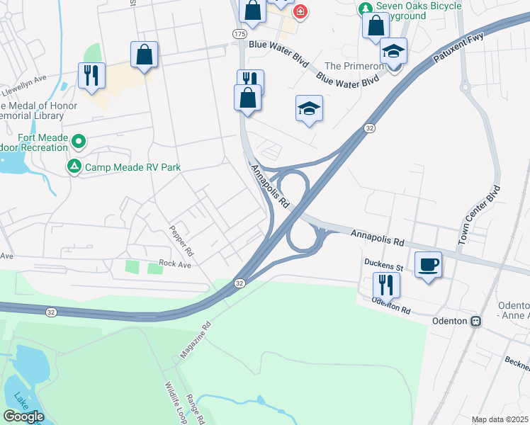 map of restaurants, bars, coffee shops, grocery stores, and more near Chamberlin Avenue in Fort Meade