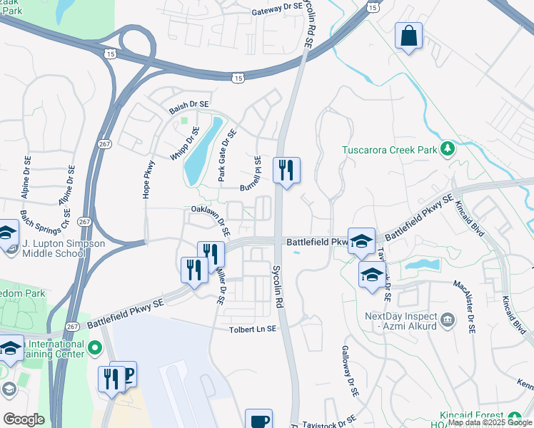 map of restaurants, bars, coffee shops, grocery stores, and more near 195 Great Laurel Square Southeast in Leesburg