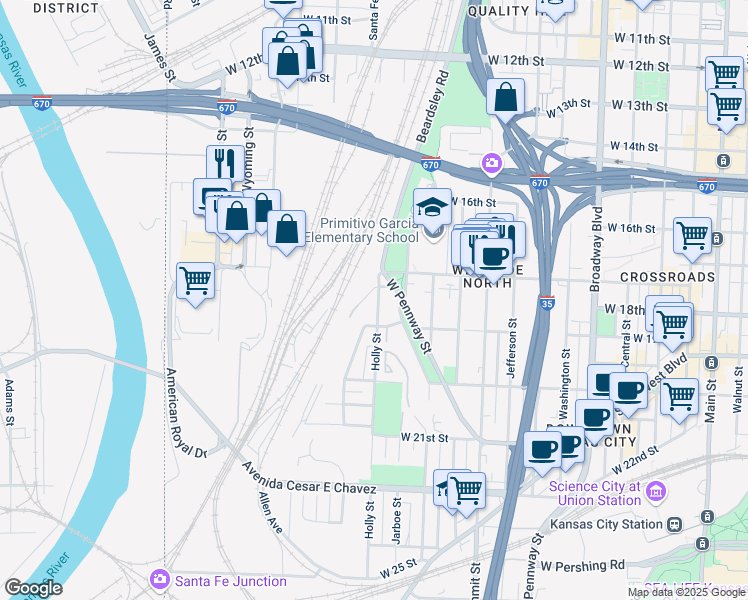 map of restaurants, bars, coffee shops, grocery stores, and more near 1722 Holly Street in Kansas City