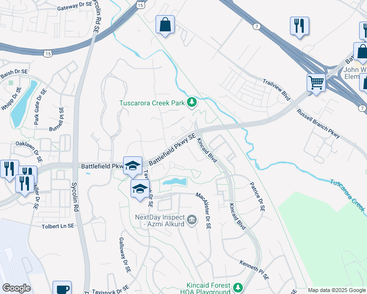 map of restaurants, bars, coffee shops, grocery stores, and more near 349 Caldwell Terrace Southeast in Leesburg