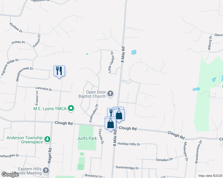 map of restaurants, bars, coffee shops, grocery stores, and more near 2221 8 Mile Road in Cincinnati