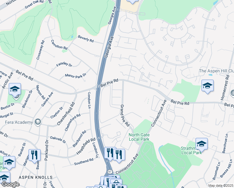 map of restaurants, bars, coffee shops, grocery stores, and more near 3960 Bel Pre Road in Silver Spring