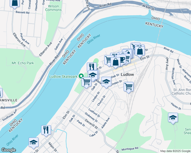 map of restaurants, bars, coffee shops, grocery stores, and more near 479 Victoria Street in Ludlow