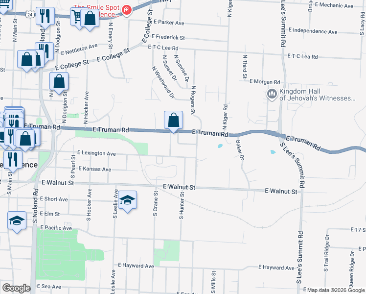 map of restaurants, bars, coffee shops, grocery stores, and more near 1017 East Smith Avenue in Independence