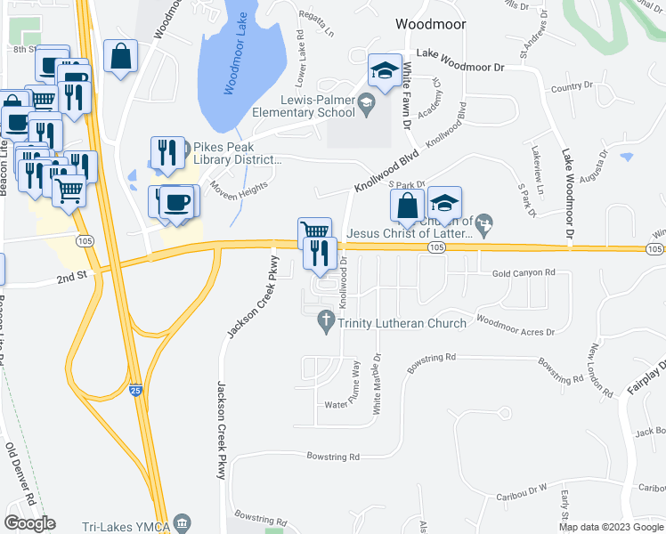 map of restaurants, bars, coffee shops, grocery stores, and more near 17970 Knollwood Drive in Monument