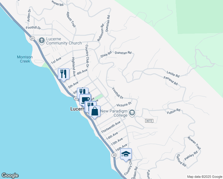 map of restaurants, bars, coffee shops, grocery stores, and more near 4047 Foothill Drive in Lucerne