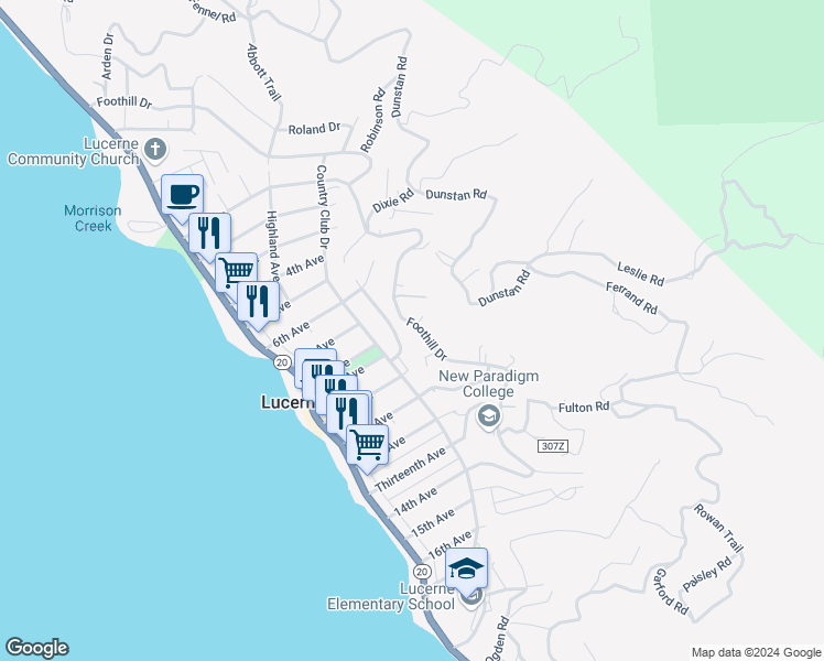 map of restaurants, bars, coffee shops, grocery stores, and more near 4047 Foothill Drive in Lucerne