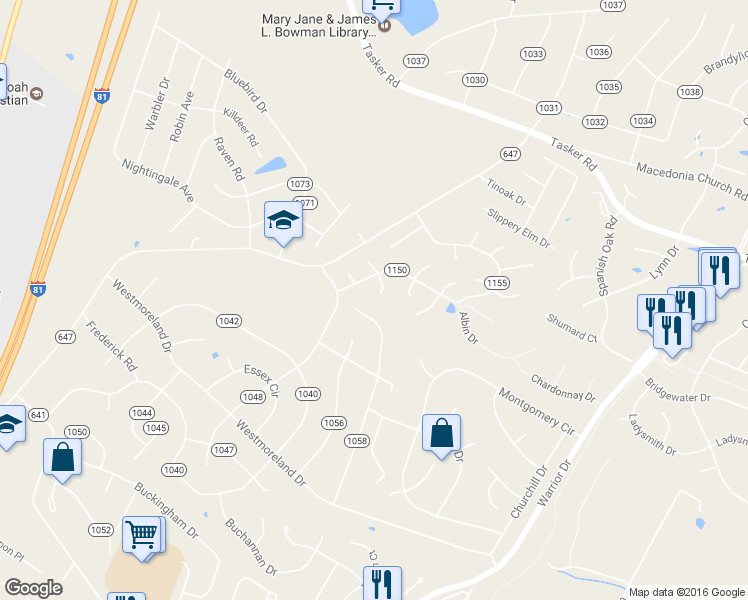 map of restaurants, bars, coffee shops, grocery stores, and more near 115 Targee Place in Stephens City