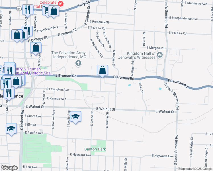 map of restaurants, bars, coffee shops, grocery stores, and more near 1015 East Smith Avenue in Independence
