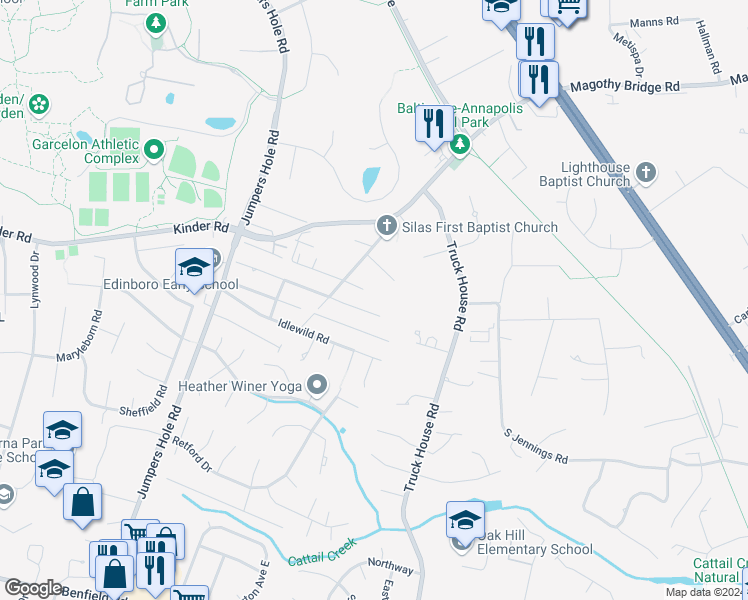 map of restaurants, bars, coffee shops, grocery stores, and more near 99 Pineview Avenue in Severna Park