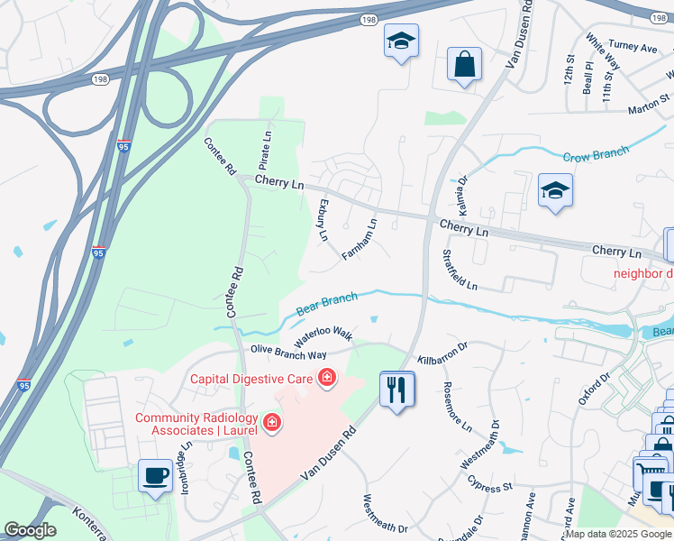 map of restaurants, bars, coffee shops, grocery stores, and more near 14613 Farnham Lane in Laurel