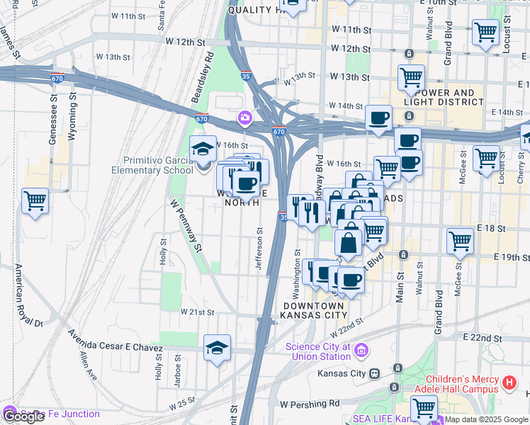 map of restaurants, bars, coffee shops, grocery stores, and more near 1707 Jefferson Street in Kansas City