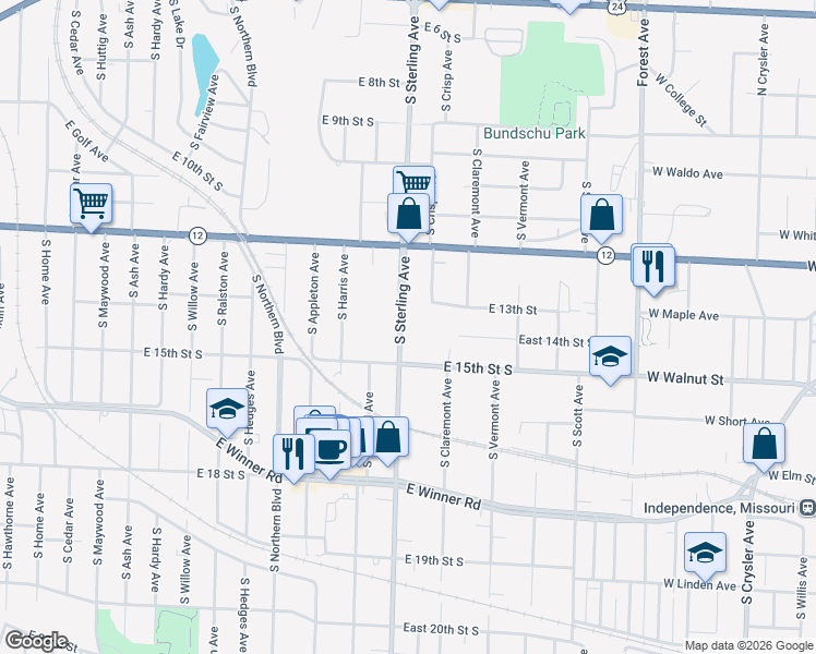 map of restaurants, bars, coffee shops, grocery stores, and more near 1320 South Sterling Avenue in Independence